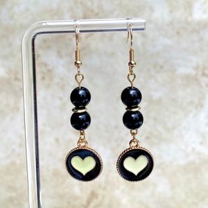 Beaded Earrings - black and gold tone with heart charm